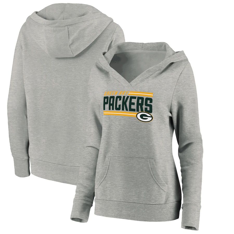 Women Green Bay Packers Fanatics Branded Heathered Gray On Side Stripe V-Neck Pullover Hoodie